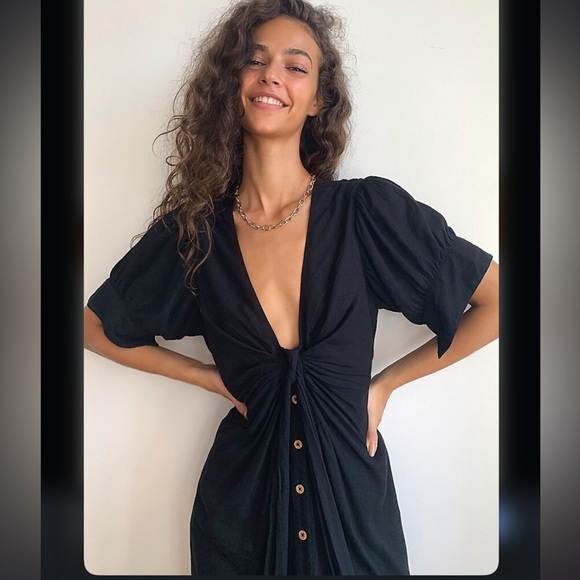 Free People Vintage Summer Ruched Button Midi Dress - Picture 2 of 9